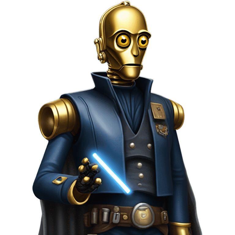 bounty hunter tarnished undercover tough well-equipped Jedi  life-sized darkblue-pearl C3po leather vest clothing pants and vest old west duster coat holding light saber sheriff emoji