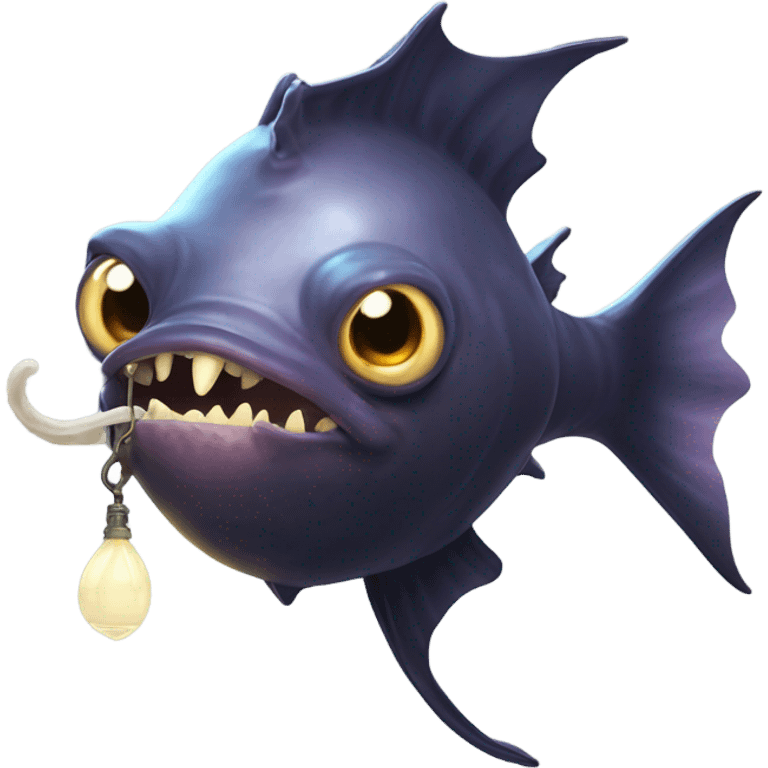 Anglerfish with a glowing lure hanging from its forehead, sharp teeth, and big eyes. emoji