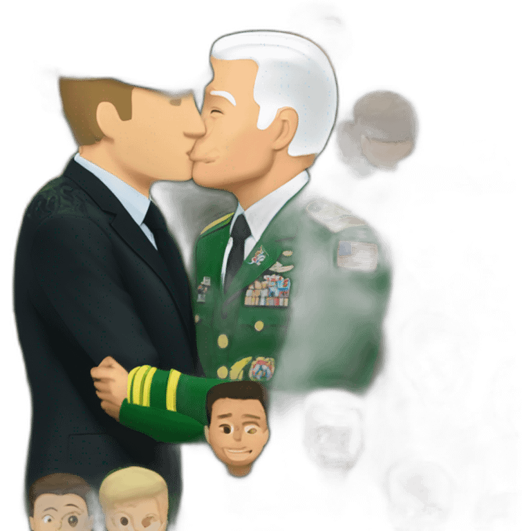 Vladimir Zelenskiy in green military clothes kissing by Joe Biden in classic black suit emoji