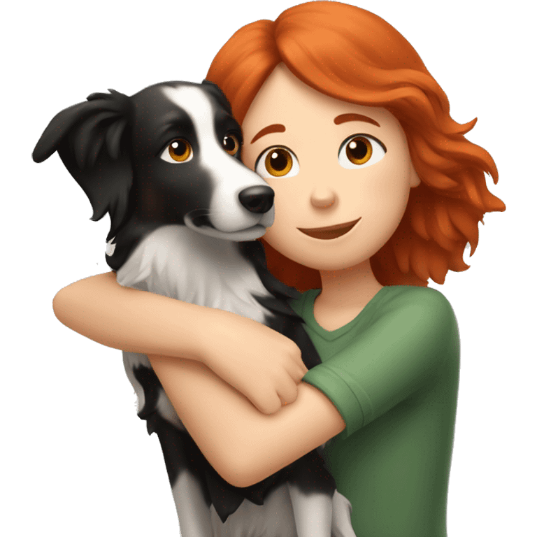 red-haired girl hugs a border collie dog emoji