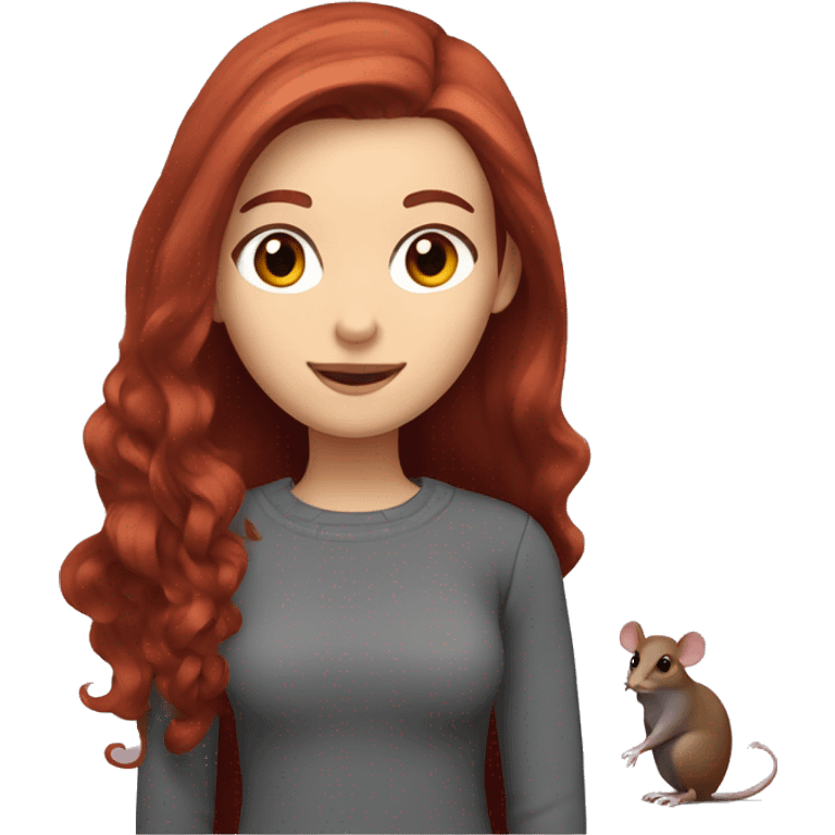 redhead girl with long hair and Dyson styling with grey eyes in a burgundy sweater and a rat on her shoulder emoji