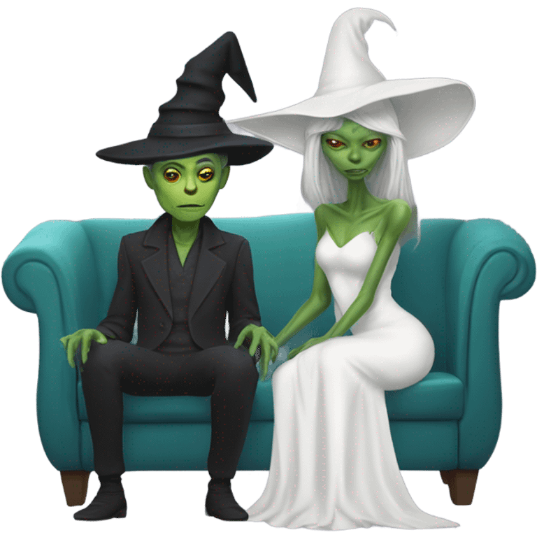 alien reptilian woman as witch, human man in white dress, sitting on a couch  emoji