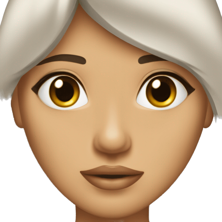 mujer morena con flequillo, pecas, ojos marrones, labios finos emoji