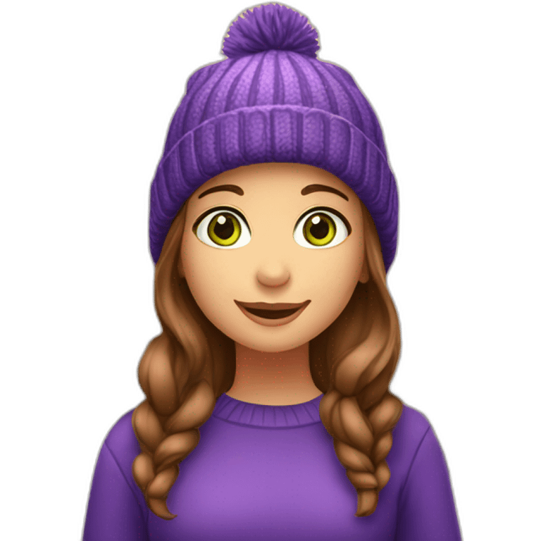 Girl with brown hair and green eyes in front of beautiful Christmas tree in new york city celebrating christmas and wearing a purple beanie emoji