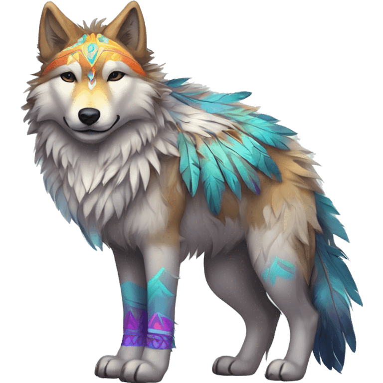 Fluffy Shy Colorful Spiritual Shamanic Wolf With Shiny Tribal Markings wearing feathers Full Body emoji