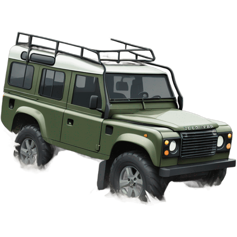 An land rover facing a road full of mud and rocks, with big tires and mud splashing around, showing resistance and adaptability. emoji