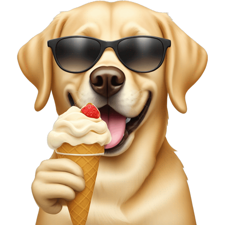 Golden Labrador retriever eating ice cream with sunglasses emoji