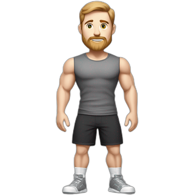 Full height Pale skinned muscular man With Realistic eyes and mouth, light brown hair and stubble In dark gray sleeveless mike, black oversize sports shorts, watch and white sneakers. emoji