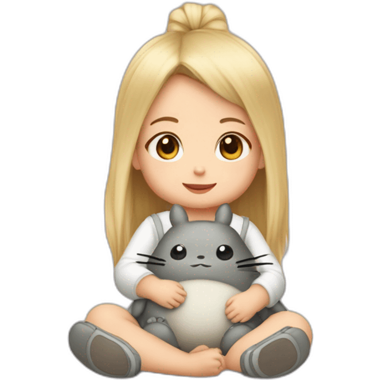 bébé fille blonde décoiffée assise avec une peluche Totoro  emoji