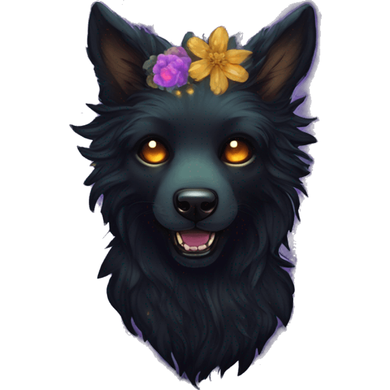 Black iridescent fluffy dog fox head zombie skull skeleton gold mechanical nebula galaxy stars colorful flowers fairy lights vintage emoji