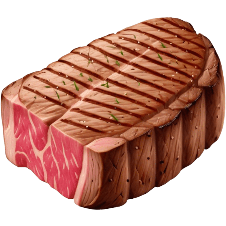 Cinematic thick-cut steak, perfectly seared with grill marks, a juicy pink center, rich and savory, warm glow, sizzling and mouthwatering, highly detailed and appetizing. emoji