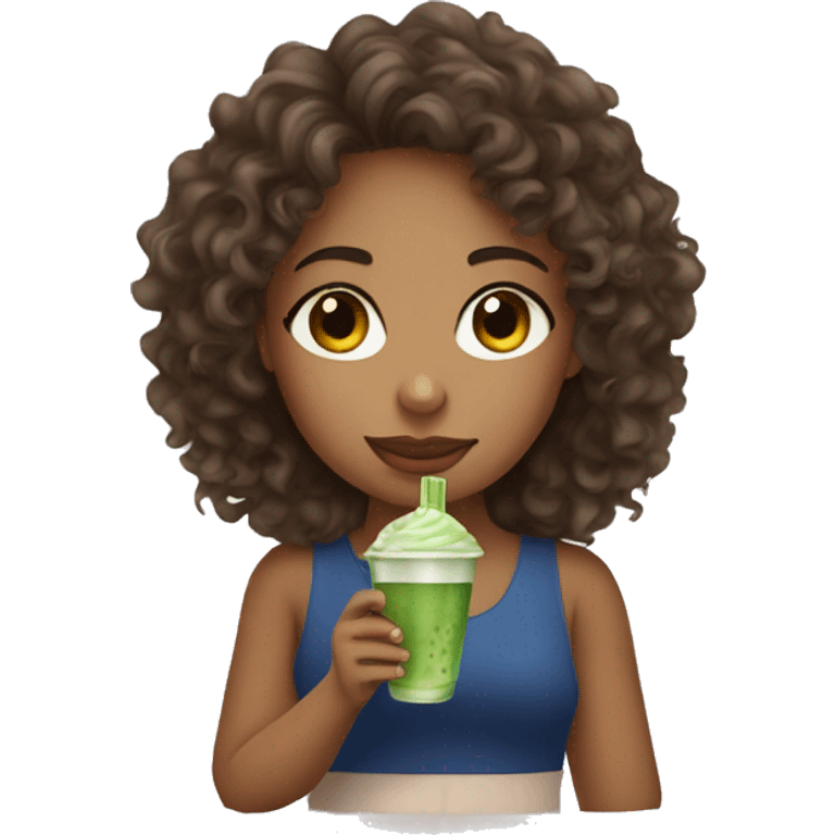 Curly hair girl drinking ice matcha emoji