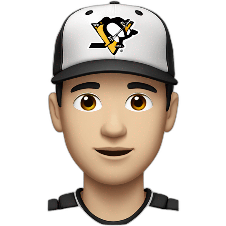 pale man with dark hair wearing a baseball cap with a pittsburgh penguins logo emoji