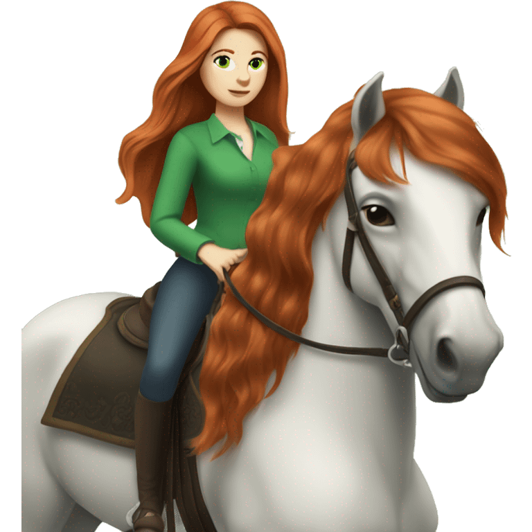 long-haired redhead woman with green eyes, on a horse back riding emoji