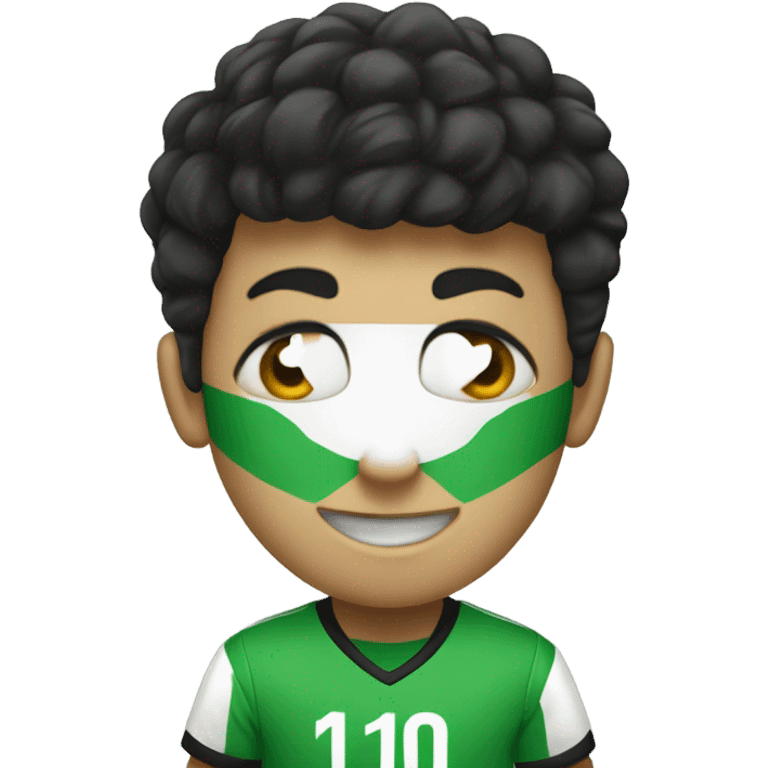 A soccer player with a green shirt with white skin olor with black hair and a number 10 in his green shirt smilijg  emoji