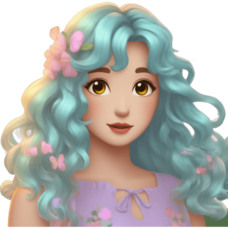 Dreamy pretty shiny colorful girl in nature pastelcore kawaii beautiful hair cottagecore accessories trending aesthetic emoji