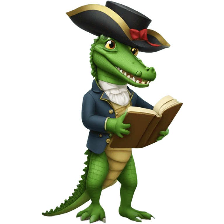 Crocodile wearing a colonial wig and high heels reading a book emoji