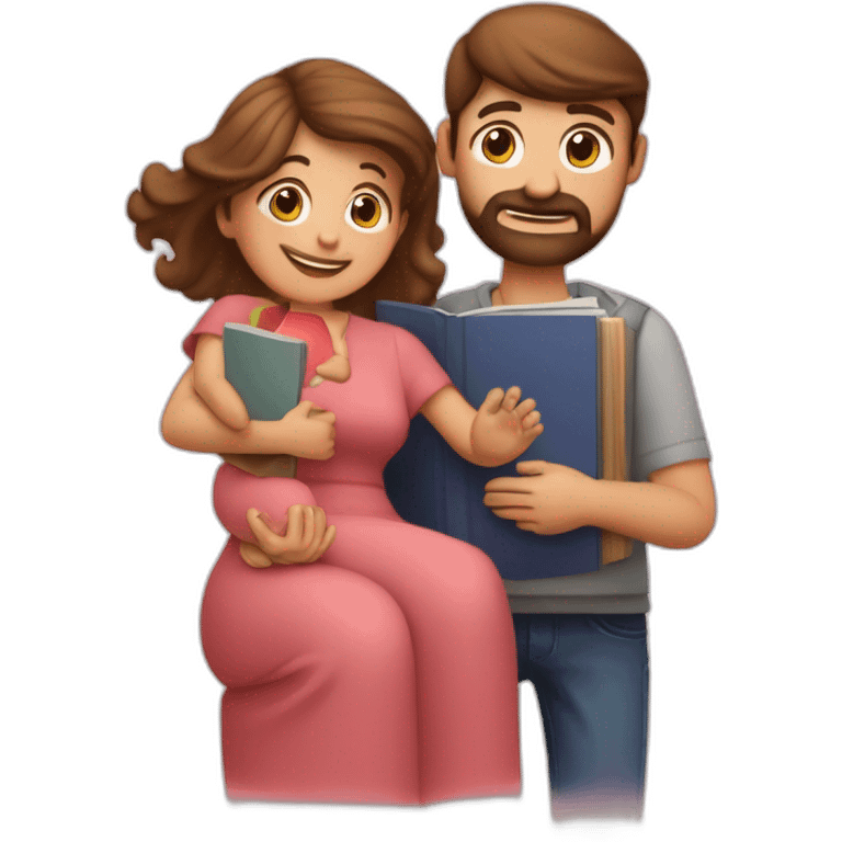 Padre y madre con melena por los hombros con un hijo de 6 años y un libro en la mano emoji