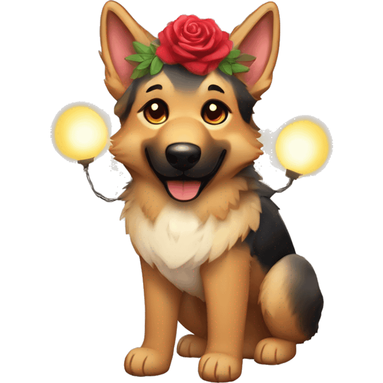 Brindled German shepherd fox carrying glowing red lantern, fairy lights, rose flower crown emoji