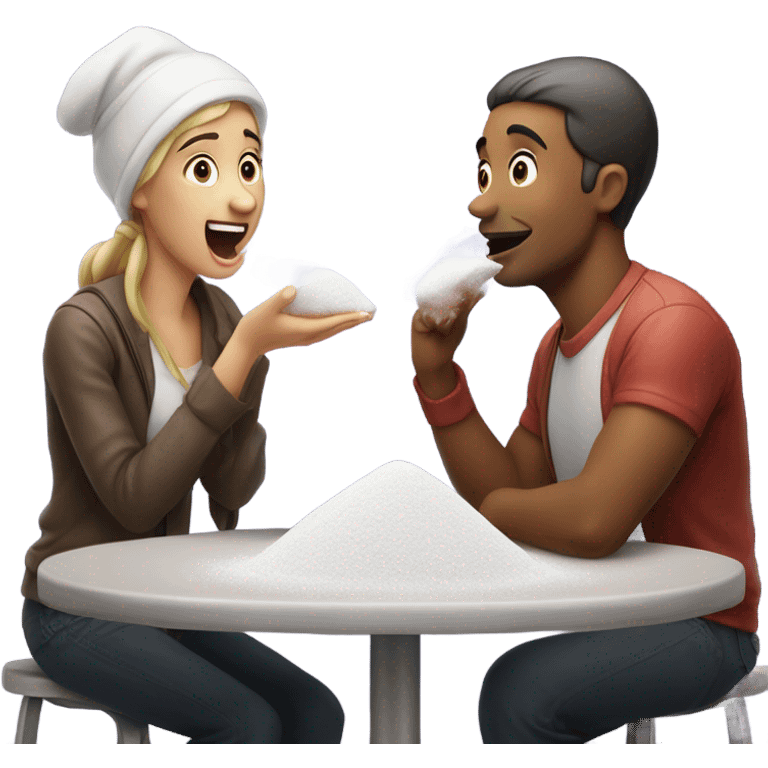 man and woman sniffing powdered sugar off table emoji