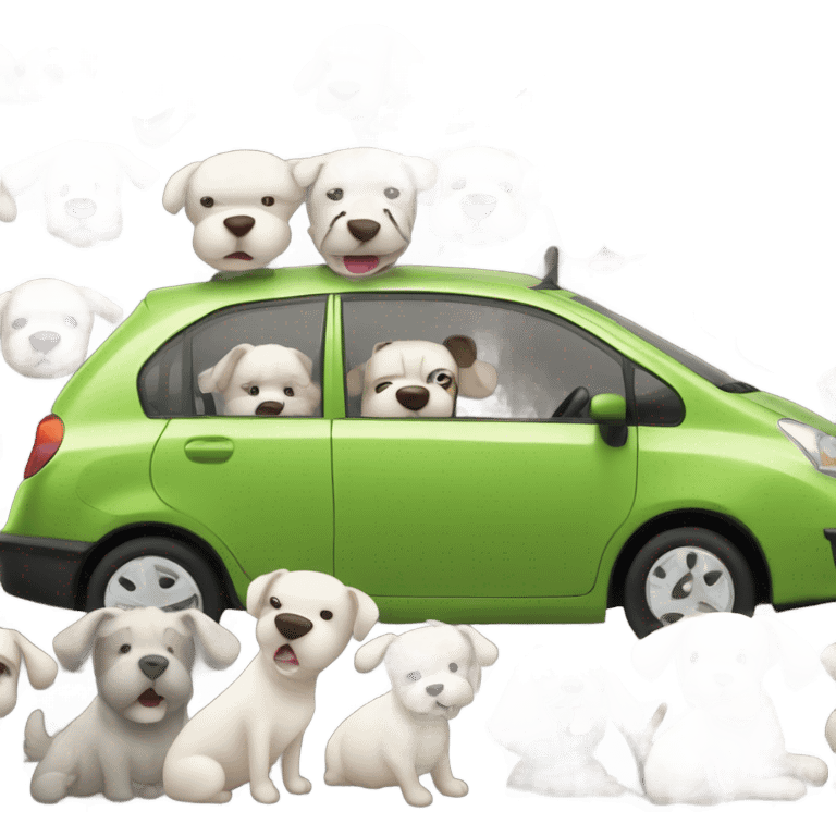 A bald man in his 50s driving a Prius filled with a bunch of dogs sticking their heads out of the windows emoji