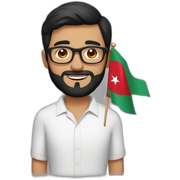 Short black hair and beard, dark brown eyes white skin man with glasses holding Moroccan flag emoji