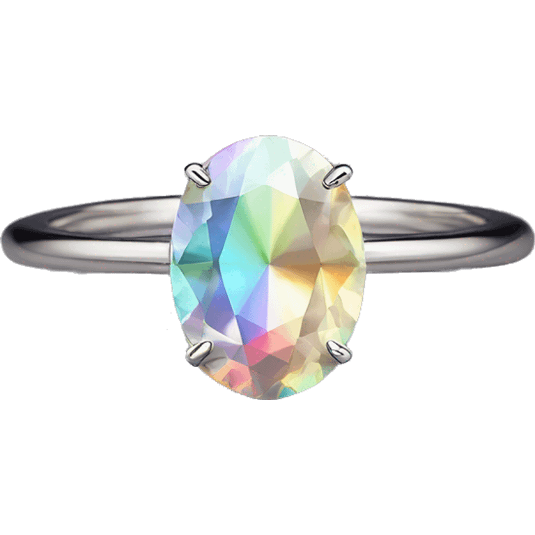 Oval gem with iridescent pastel rainbow prism multicolored gem engagement ring with thin platinum band emoji