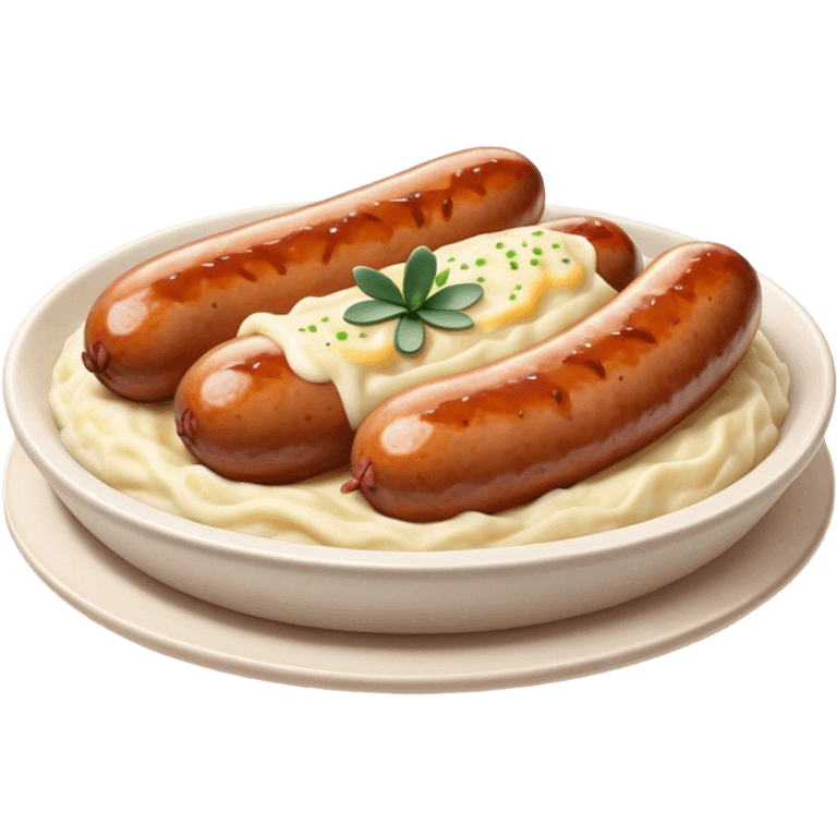 Cinematic Realistic Bangers and Mash Dish Emoji, featuring succulent pork sausages paired with creamy mashed potatoes rendered with detailed textures and natural highlights that emphasize its robust, hearty flavor. emoji