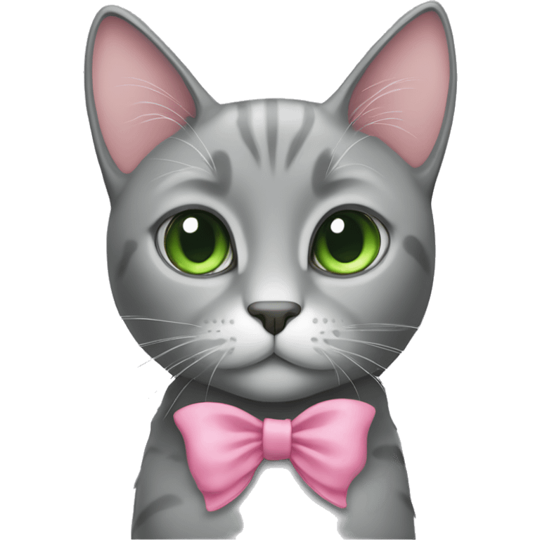 Grey cat with pink bow and green eyes emoji