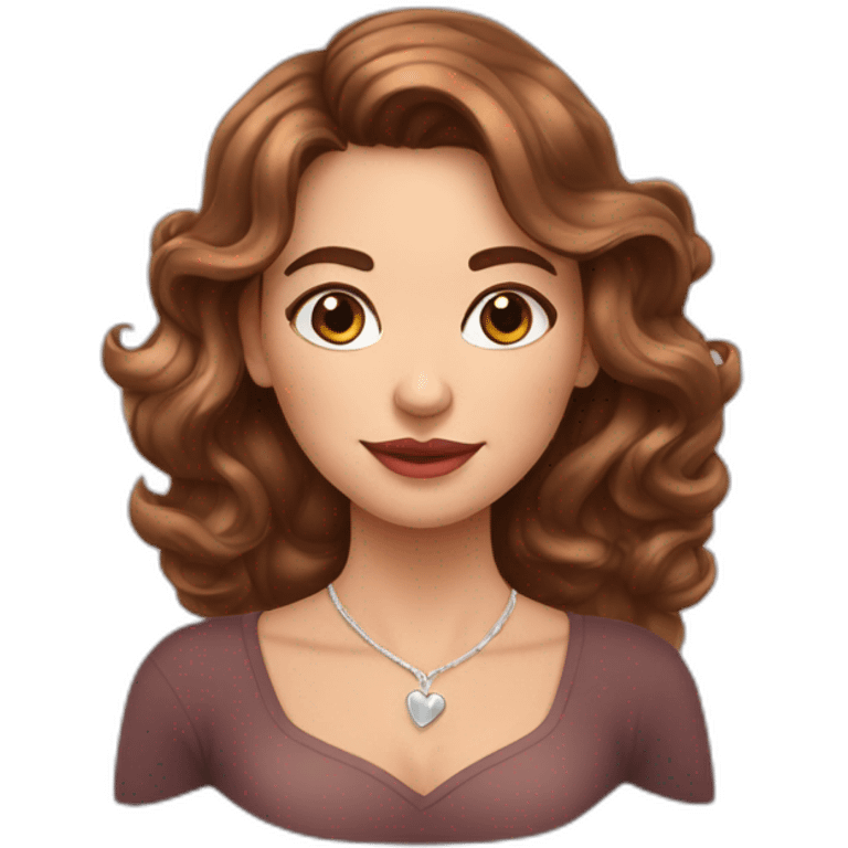 white beautiful woman, brown wavy hair, shows heart by two hands, long earrings emoji