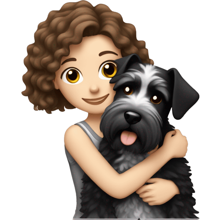 pale girl with curly brown hair hugging her black and white schnauzer emoji