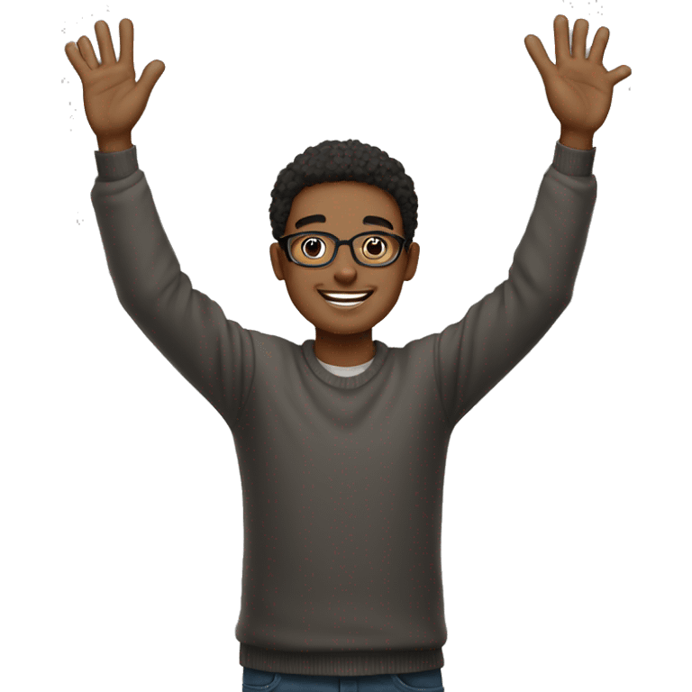 smiling young man who wearing glasses 
 putting hands up  emoji