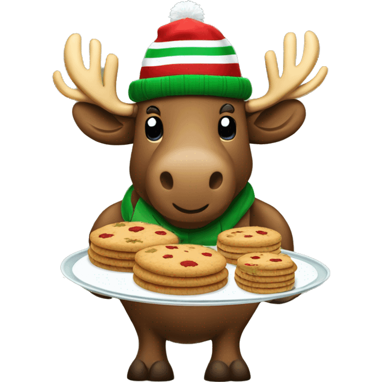 Moose wearing green and red striped winter hat and holding a tray of cookies emoji