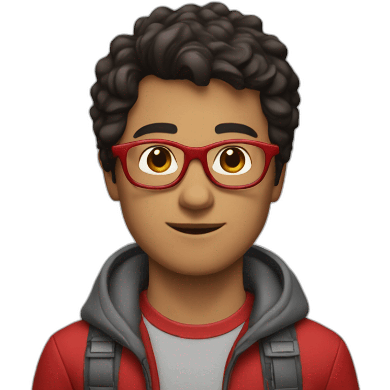 young man with dark hair, red glassess, red tshirt and rocket  emoji