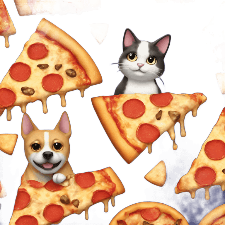 A cat and a dog eating a pizza emoji