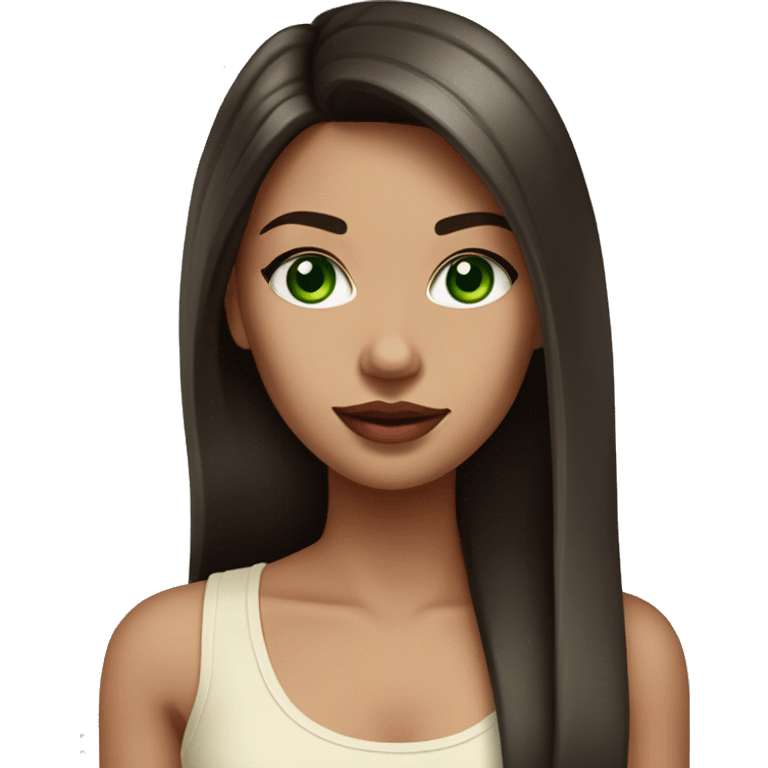 beautiful girl with long dark brown straight hair and green eyes and big pink lips. Wearing a cream tank top emoji