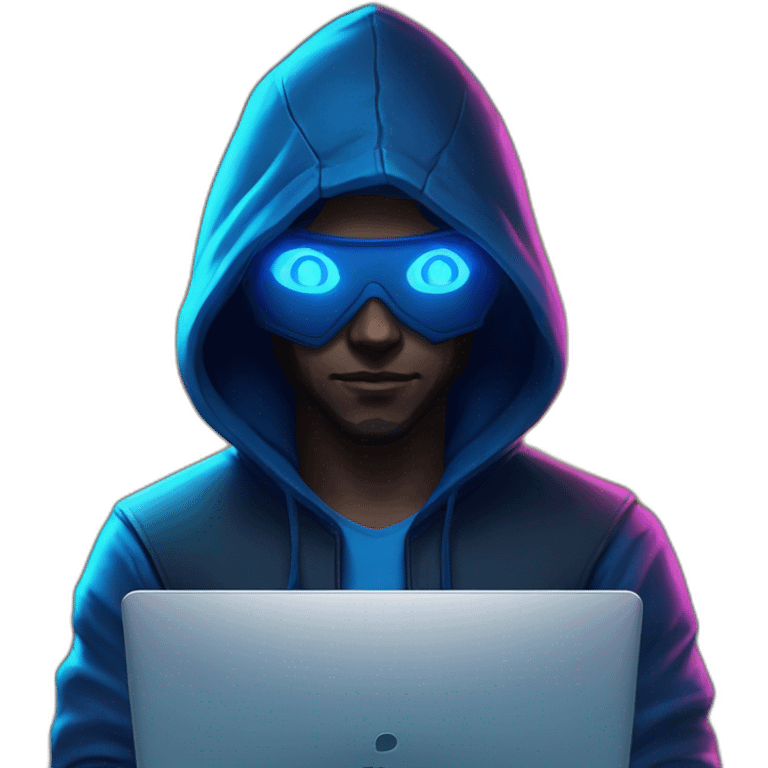 developer behind his laptop with this style : Riot Games Valorant neon blue eyes glowing bright blue character blue black hooded assassin themed character emoji