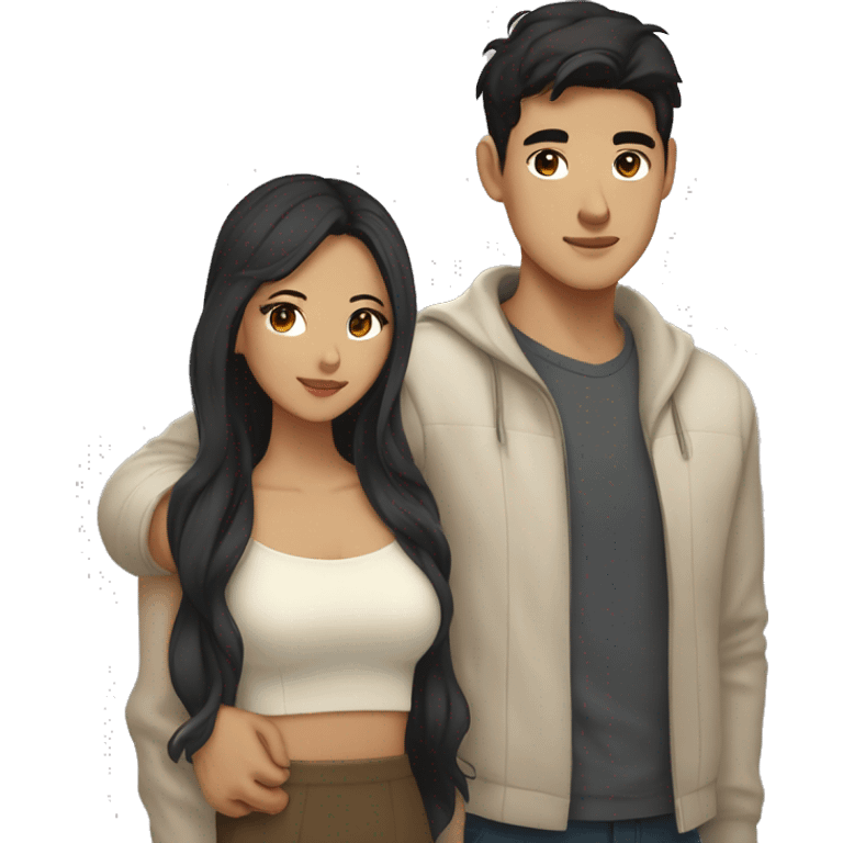 A half pale Asian man with short dark hair and amber eyes embracing and loving a half Asian woman with long wavy dark hair and dark hazel eyes. They love each other a lot And have good fashion taste. emoji