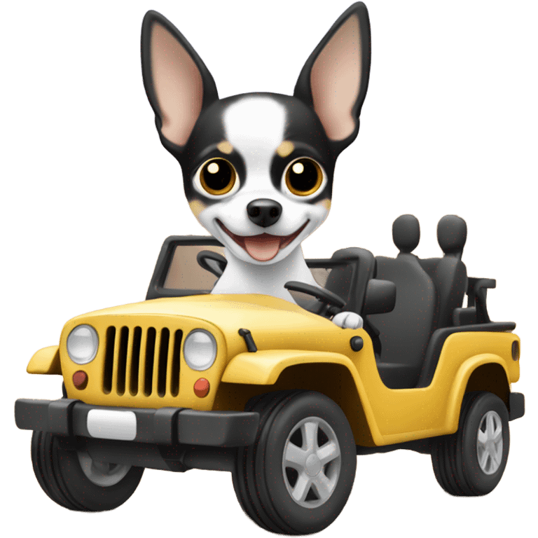 Black and white chihuahua driving a jeep emoji