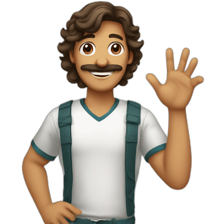 A stereotypical Portuguese young man waving with a big smile, a mustache and a brown mullet emoji