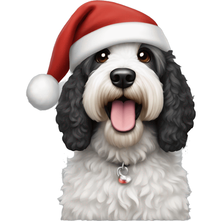 Black and white labradoodle with Santa hat emoji