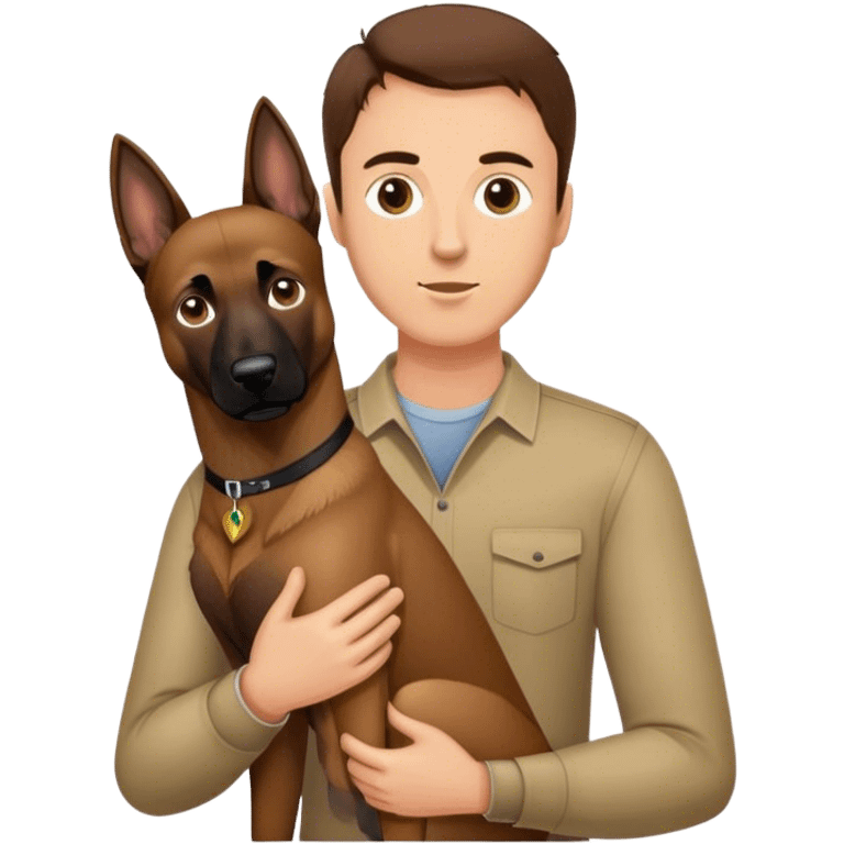 Man with brown hair holding a Belgian Malinois  emoji