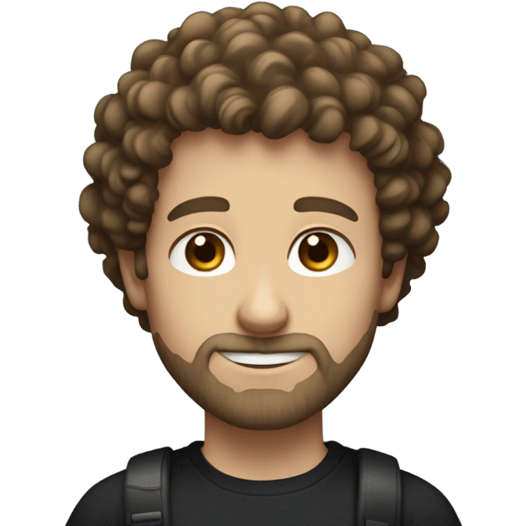 a white man with curly frizzy brown hair and a short trimmed beard with no mustache with blue eyes, black t shirt  emoji