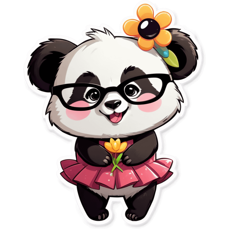 Cute female Panda wearing a tutu and glasses with a flower above 1 ear hugging a male raccoon  emoji