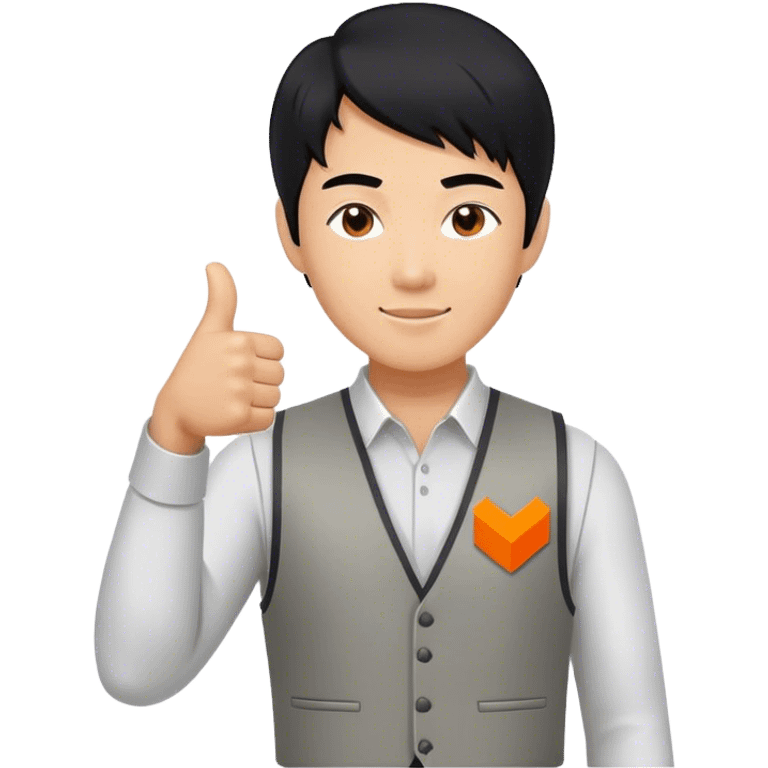 Black hair asian man giving a thumbs up. Wearing a plain grey vest that has a very small logo on it, which shows a square in solid orange color and a simple white capitalized "Y" inside of it. emoji