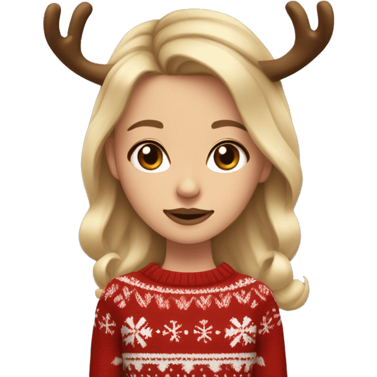 dark blond hairwd girl with christmas sweater and raindeer horns and no lipstick emoji