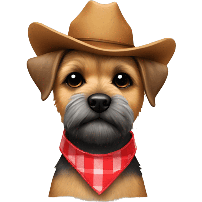 Border terrier with red checked collar and cowboy hat emoji