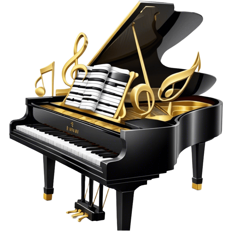 Create a detailed and elegant emoji collage representing keyboard instruments in a celebratory and professional style, reminiscent of a coat of arms. The design should feature a central arrangement of black and white piano keys, forming a symmetrical, powerful image. Around the keys, include a flowing ribbon of musical notes that intertwines with the keys, creating a sense of movement and harmony. Use gold and silver accents to highlight the keys and musical notes, giving the design a festive, high-quality appearance. The design should convey professionalism, elegance, and a sense of occasion. Add subtle reflections on the piano keys to enhance the polished look. The background should be transparent. emoji