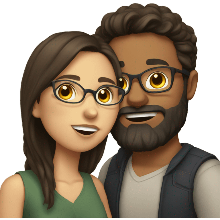 Brunette girl with glasses kiss on cheek brunette boy with beard emoji