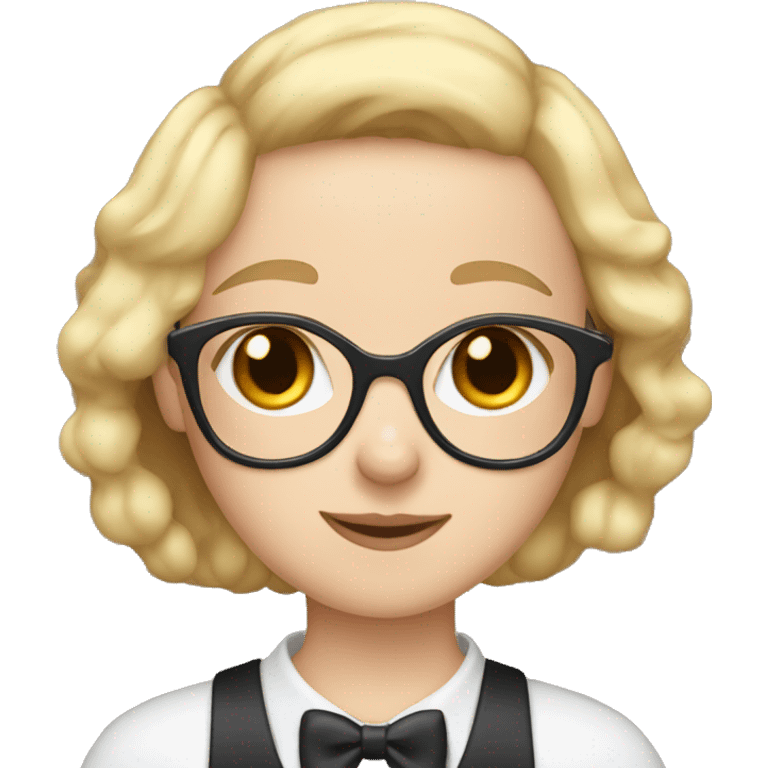 Girl with short blonde hair, glasses, and blue eyes, holding two tuxedo cats emoji